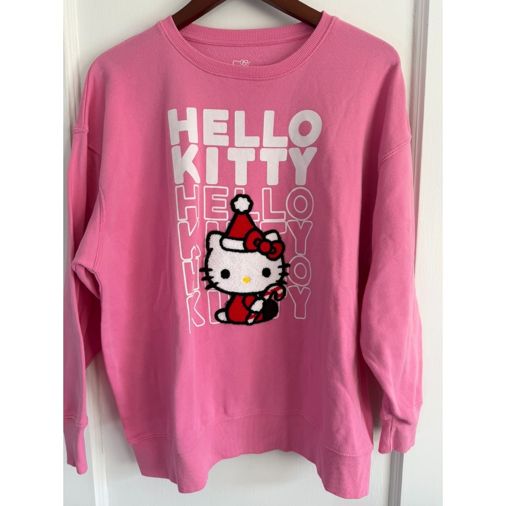 Hello Kitty Christmas Sweatshirt Womens L Pink Santa Applique Fleece Sanrio